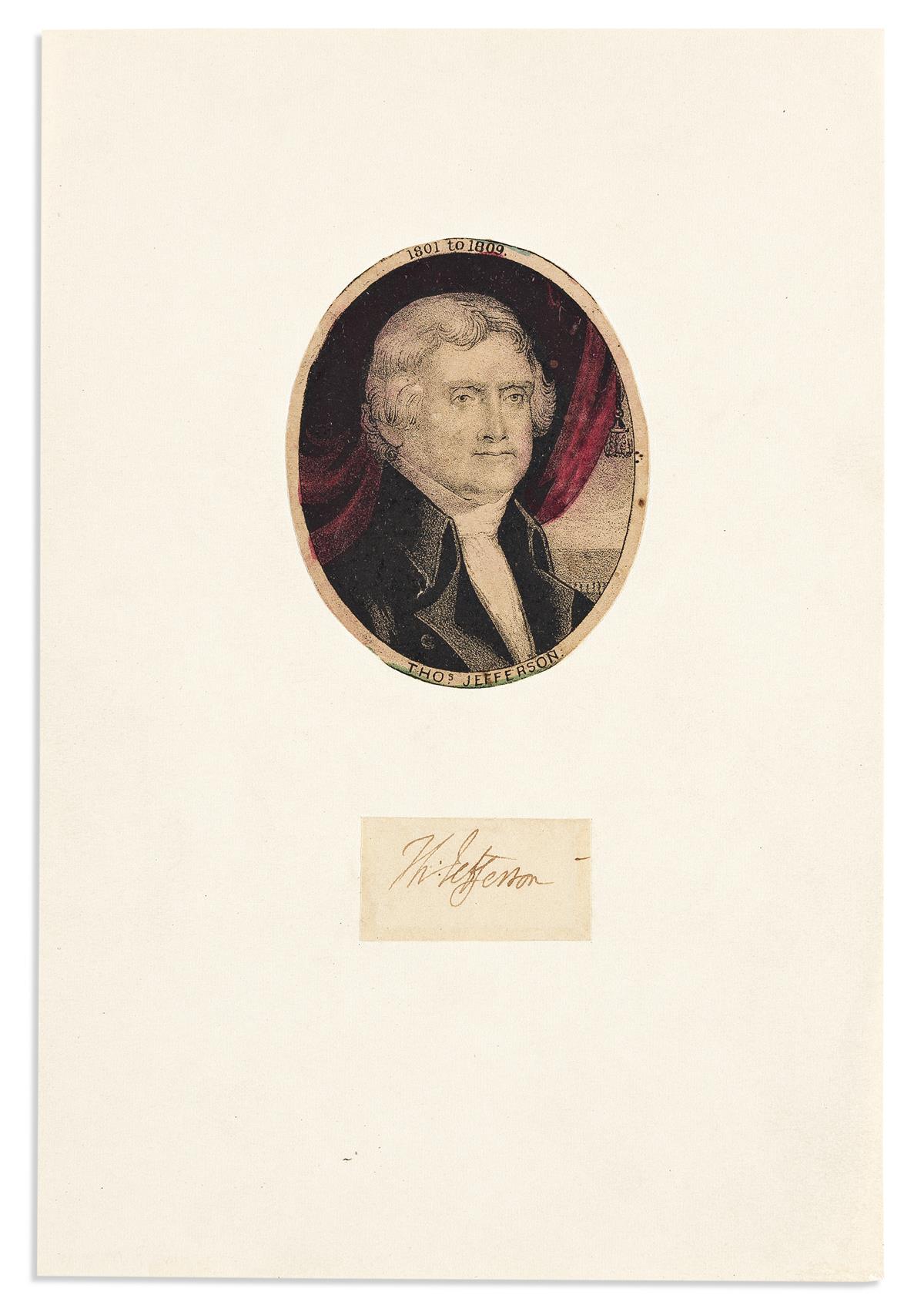 JEFFERSON, THOMAS. Clipped Signature, Th:Jefferson, inlaid into a sheet with a printed portrait.